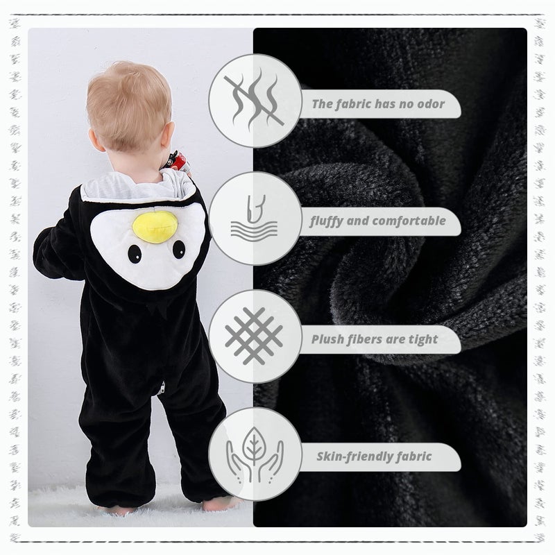 MICHLEY Unisex Baby Hooded Romper Winter Flannel Jumpsuit 30-36months, Cartoon Cosplay Costume, Penguin - Image 3